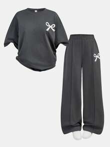 SHEIN Set de 2 piezas de suéter de cuello redondo holgado de punto con estampado de mariposa y shorts para adolescentes, adecuado para uso diario, regreso a clases, vacaciones, picnic familiar al aire libre en primavera - Gris Oscuro - Ver 6