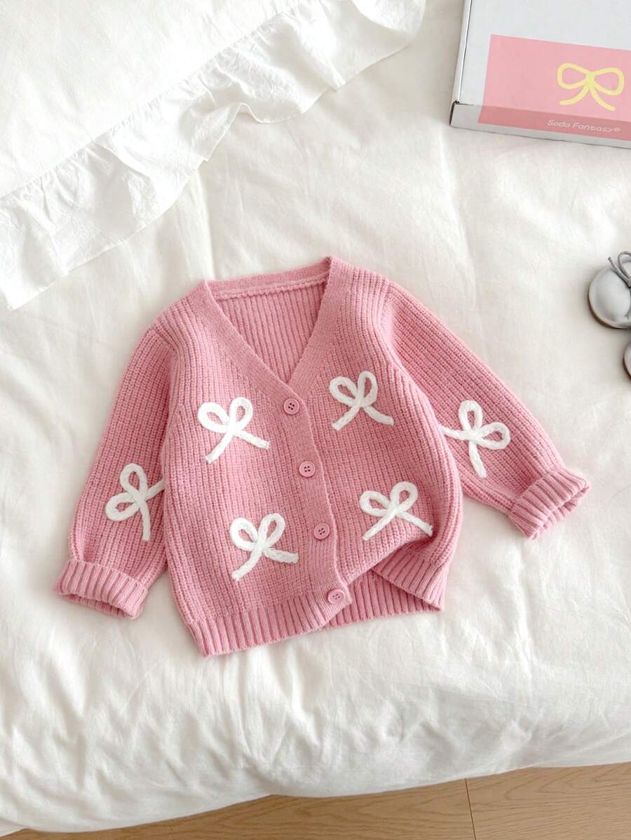 Áo khoác cardigan màu hồng thêu nơ dễ thương cho bé gái, thích hợp mặc hàng ngày. - Bụi hồng - Xem 1
