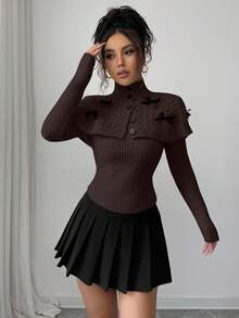 Elenzga Women's Mock Neck Bowknot Cape Sweater With Button Design - Coffee Brown - View 5