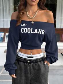 SHEIN EZwear 女士冬季休闲单肩宽松运动衫 - 藏蓝色 - 查看 1