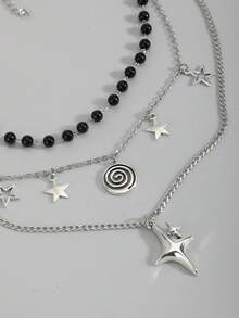 ROMWE Goth 2件套朋克复古风水钻星星吊坠项链，奢华镶钻双层星星链项链，街头风颈链 - D-銀色 - 查看 5