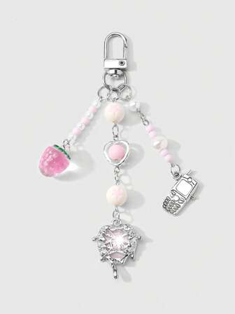 Kawaii 1 pezzo Ciondolo per telefono, portachiavi o borsa, stile accademico minimalista e carino, con catena d'argento, perle finte e cristalli, a forma di stelle, fragole e fiocco, adatto per le donne, per uso quotidiano o come regalo di San Valentino