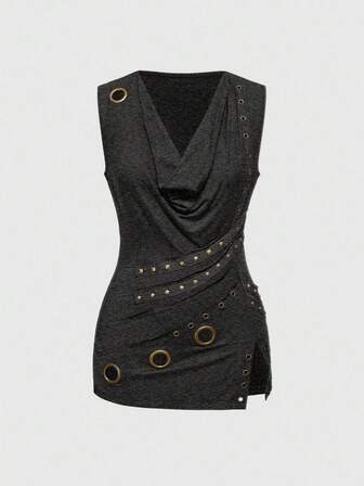 Grunge Punk Top aderente da donna con scollo a goccia, orlo con spacco e design con borchie in stile vintage punk