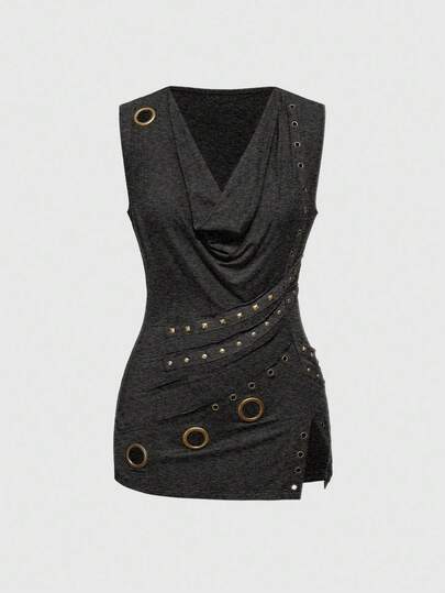 Grunge Punk Top aderente da donna con scollo a goccia, orlo con spacco e design con borchie in stile vintage punk