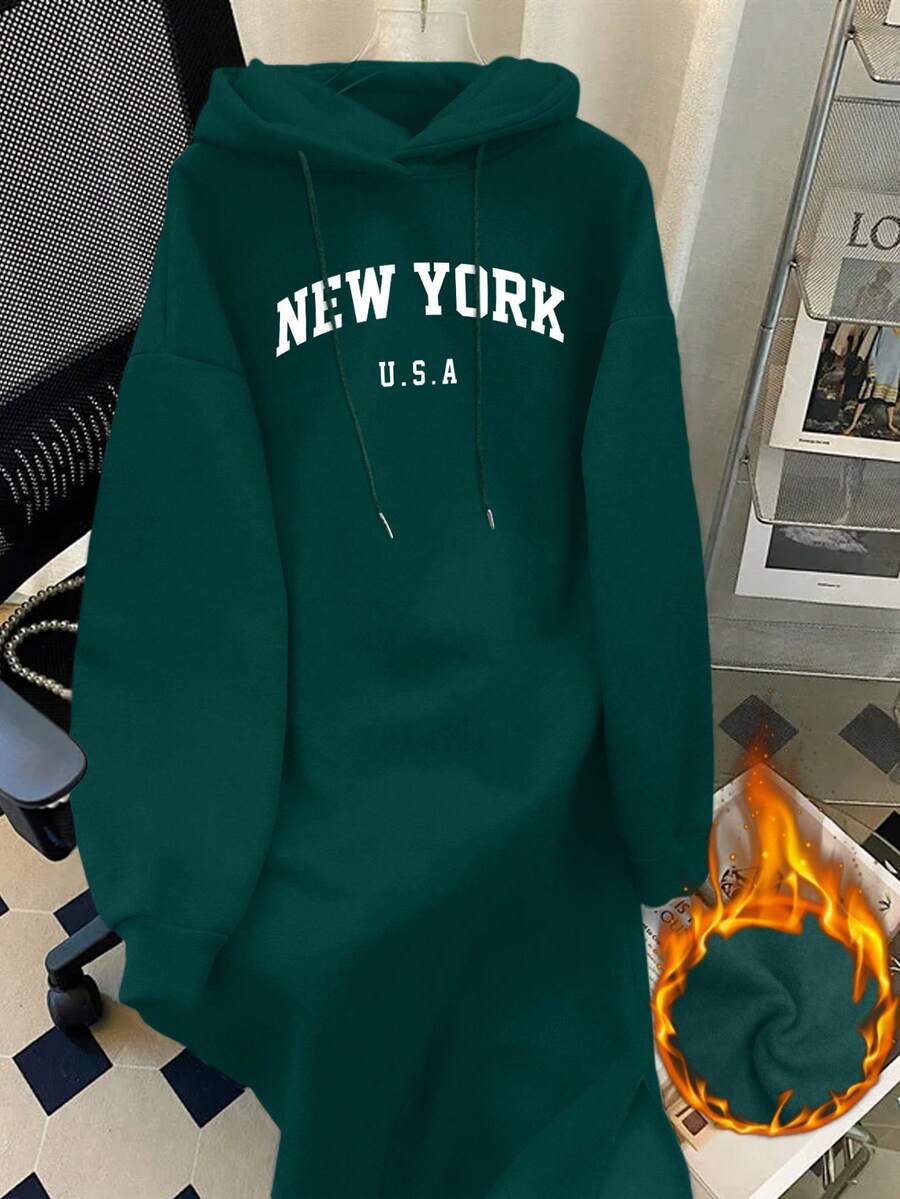 Resyla Women's Fleece Drop Shoulder Hooded Dress With Drawstring And New York Letter Print , Long Sleeve Sweathirt Graphic Outfit - Dark Green - View 1