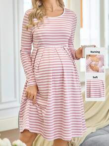 SHEIN Maternity Striped Round Neck Long Sleeve Pleated Casual Nursing Dress Lingerie Lingerie Set Underwear Women Pajama Pajama Dress Loungewear Nightgown Robe Sleepwear Sleepwear Set Tank Top With Bra - Pink - View 4