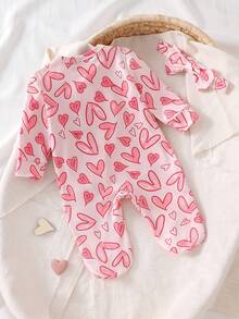 Newborn Baby Pajamas-2 Pieces Pajama Set Footed Sleeper Hearts Print Pink Red Round Neck Long Sleeve Snap Front With Matching Headband One Piece Pajamas Easy Diaper Changes Soft Stretch Year Round Holiday 2026 Must Have Gift - Baby Pink - View 2