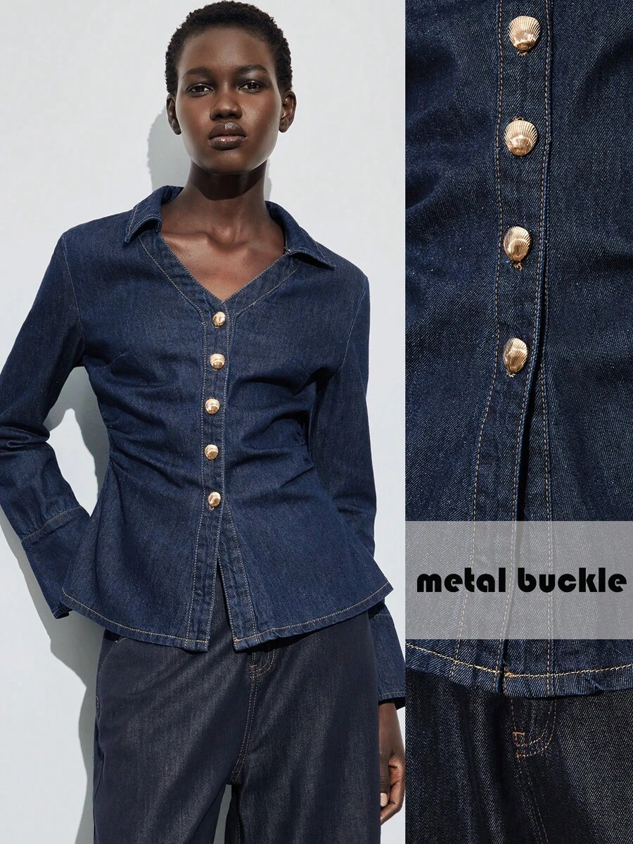 Maija Retro-Style Button-Down Pleated Slim-Fit Blue Denim Shirt For Women,Waist-Cinching Long-Sleeved Shirt - Dark Wash - View 1