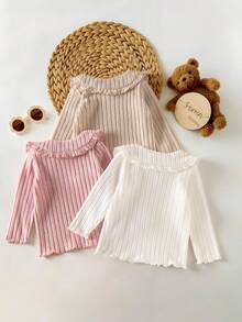 SHEIN 3pcs Baby Girls Elegant Ruffle Collar Striped Long Sleeve T-Shirt, Cute & Fashionable For Home, Outdoor, Vacation, All Seasons - Multicolor - View 2