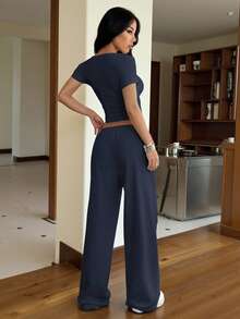 Muchica Women's Casual Short Sleeve T-Shirt And Pants 2 Pieces Set, Summer Pants Set Two Pieces - Navy Blue - View 2
