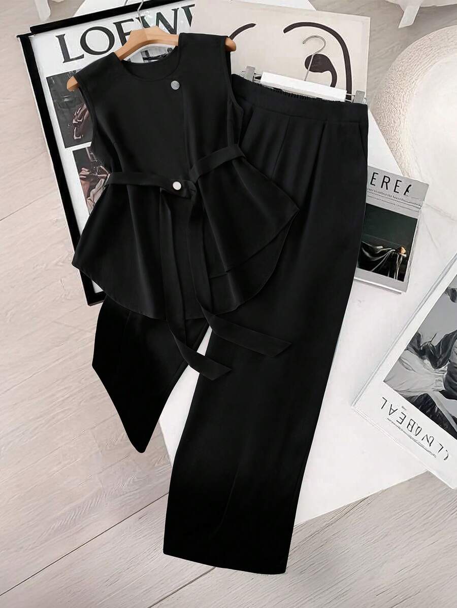 GlowEve CURVE Áo vest nữ cổ tròn màu trơn cỡ lớn, trang trí nút bấm, thanh lịch, thường ngày, công sở, quần ống rộng màu trơn, có túi, thanh lịch, thường ngày, dành cho nữ, bộ 2 món thời trang xuân/thu - màu đen - Xem 1