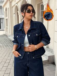 SHEIN Unity Plus Size Casual Denim Jacket With Cuff Buttons, Natural Color - Dark Wash - View 6