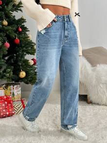 SHEIN PETITE Jeans casuales de pierna ancha con bolsillos y ajuste holgado desgastados para mujer - Lavado ligero - Ver 5