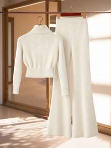 Franclia Women's Elegant Solid Color Ribbed Turtleneck Fitted Long Sleeve Zip-Up Top Paired With Elastic Waist Slim Flare Leg Knit Sweater Two Pieces Set, Winter Cream Knit Set Knit Two Piece Set Cream Two Piece Set 2 Piece Casual Sets Woman Two Piece Set Women Elegant - Beige - View 2