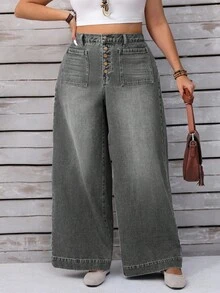 EMERY ROSE 大码女式纽扣口袋休闲阔腿牛仔裤 - 灰色 - 查看 5