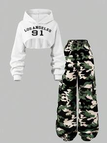 SHEIN 青少年女孩秋季套裝 3件組圓領迷彩圖案衛衣上衣＋細肩帶背心＋抽繩下擺長褲套裝 - 黑與白 - 查看 8