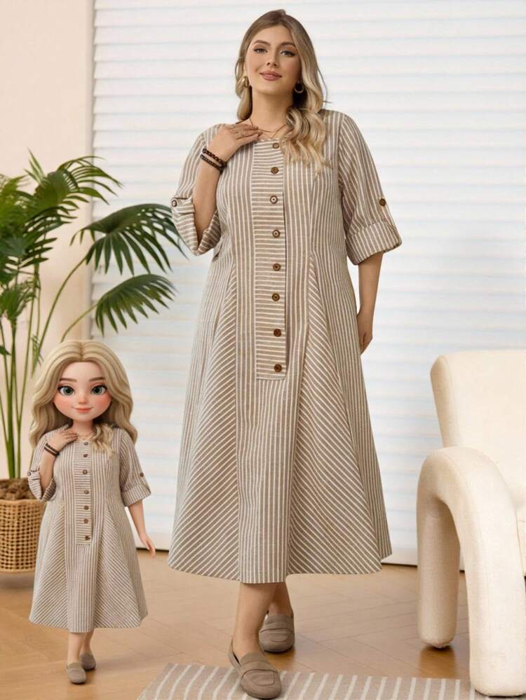 Plus Size Women Round Neck Striped Button Decor Pocket Casual Dress, Thanksgiving Outfit For Women, , New,Spring/Summer/Vacation