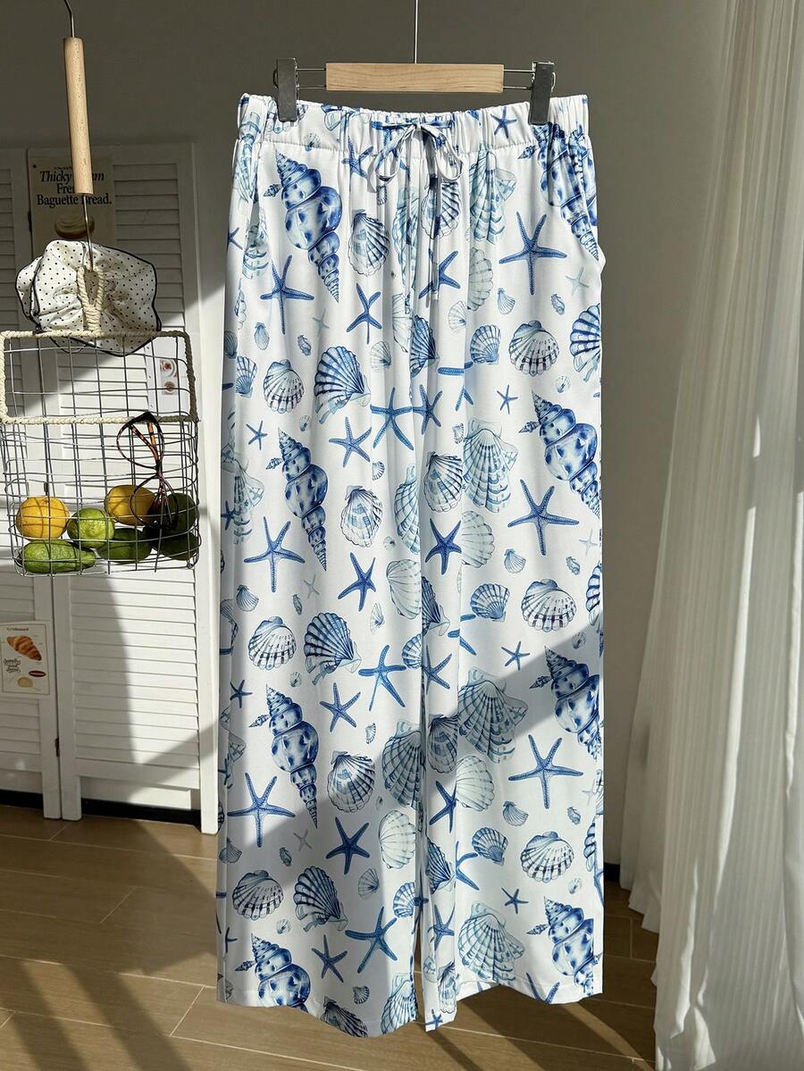 Comfortcana Quần dài mùa hè dáng rộng in họa tiết biển, có dây rút, thích hợp cho nữ, thích hợp mặc đi biển. - Nhiều màu - Xem 1