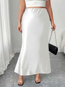 EMERY ROSE Plus Size Fitted Satin Knit Mermaid Skirt - White - View 1