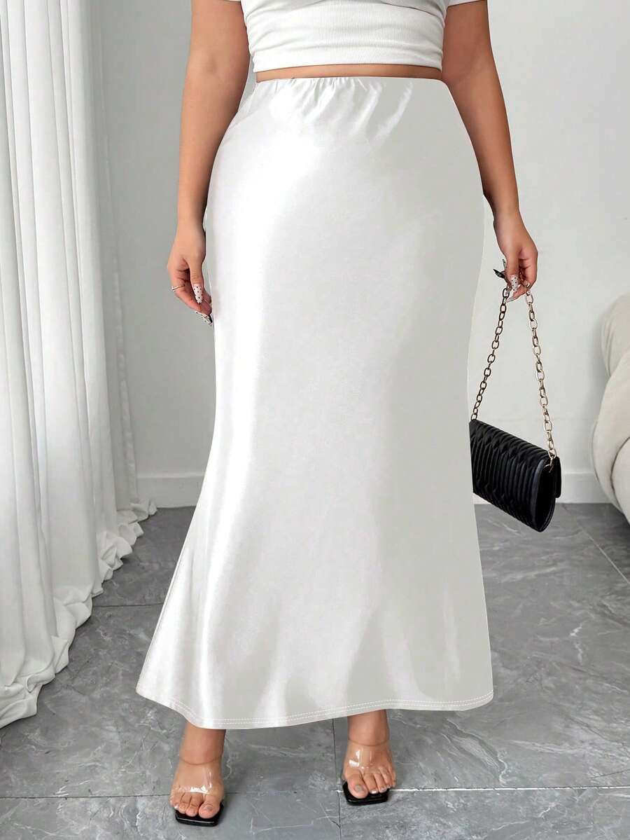 EMERY ROSE Plus Size Fitted Satin Knit Mermaid Skirt - White - View 1