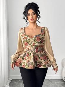SHEIN Elenzya Blusa de manga larga con cuello cuadrado para mujer de talla grande, elegante y con estilo - Multicolor - Ver 3
