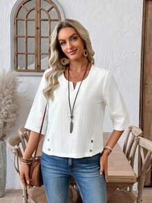 EMERY ROSE Blusa casual de unicolor para vacaciones - Blanco - Ver 4