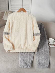 Teen Girls Loungewear 4-Piece Set - Cream White Gray Cable Knit Pajamas Round Neck Long Sleeve Top Pants Combo 3D Cable Knit Texture Design Contrast Color Cuff Detail Thick Warm Fleece Fabric Social Media Style Cozy Healing Autumn Winter Holiday Essential Young Women Home PJs Set Teen Girl Clothes - White - View 2