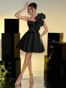 Lovelzi Elegante vestido de fiesta y graduación con volantes en capas, escote sin tirantes y cintura acampanada en color rosa romántico - Negro - Ver 4
