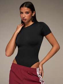 SHEIN BAE 女式无袖露背弹力纯色夏季运动连体裤 - 黑色 - 查看 6