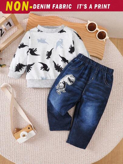 SHEIN 봄 & 가을용 베이비 보이 공룡 어드벤처 세트! 생생한 공룡 패턴이 있는 활기찬 라운드넥 프린트 긴소매 상의, 간편한 풀온 디자인. 가짜 데님 허리 밴드 없는 긴 바지 공룡 베이비 보이 복장 베이비 보이 옷 긴소매 베이비 보이 복장 아기 캐주얼 세트 가을 겨울