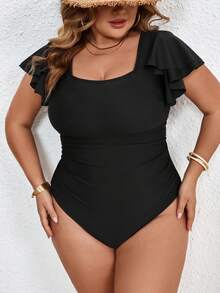 SHEIN CURVE+ 大码夸张荷叶边泡泡袖连体泳衣，适合夏季度假，女士度假装扮，女士沙滩装扮，大码泳衣，女士连体泳衣套装，泳装，显瘦泳衣 - 黑色 - 查看 1