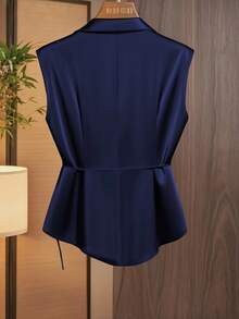 GlowEve 女式领褶蝴蝶结前系带无袖衬衫 - 藏蓝色 - 查看 2