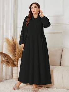 SHEIN Lacomfia 女士优雅休闲口袋半开襟领连衣裙 - 黑色 - 查看 3