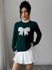 Elenzga Maglione elegante da donna con scollo tondo, decorato con pizzo e fiocco - Verde Scuro - Visualizzare 5
