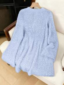 Franclia Women's Light Blue Elegant Everyday Autumn Sweater Dress,Plus Size Ribbon Tie Bow Round Neck Long Raglan Sleeves Floral Yarn Knitted Mini Pullover - Blue - View 2