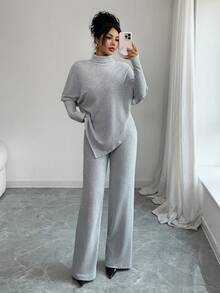 Elenzga 女士柔软针织不对称下摆优雅休闲T恤和裤子两件套 - 灰色 - 查看 6