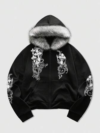 Sudadera con capucha con cremallera y cuello de piel para uso diario con estampado de cruz para hombres