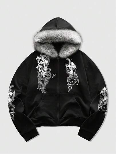 Felpa con cappuccio e chiusura lampo da uomo con stampa a croce da strada, per uso quotidiano, con colletto in pelliccia