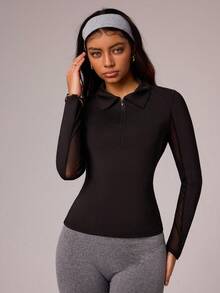Gameset SHEIN Sport 女士运动瑜伽健身户外网眼拼接长袖POLO衫领拉链 - 黑色 - 查看 5