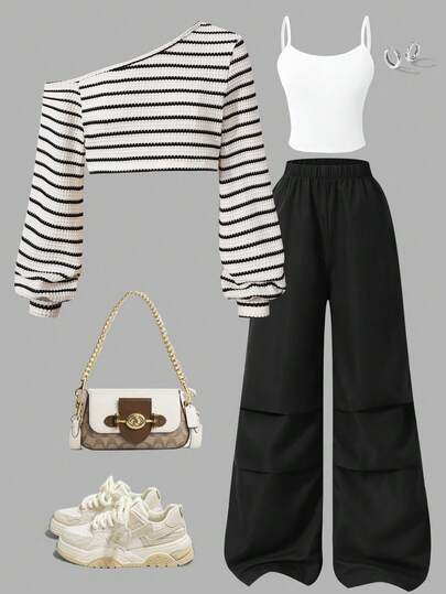 Sparklyn 3pcs Casual Comfortable Knit Camisole, Suspender & Wide Leg Pants Set, Suitable For Outdoor Sports, Leisure And Daily Wear, Oblique Shoulder Design For Teenagers