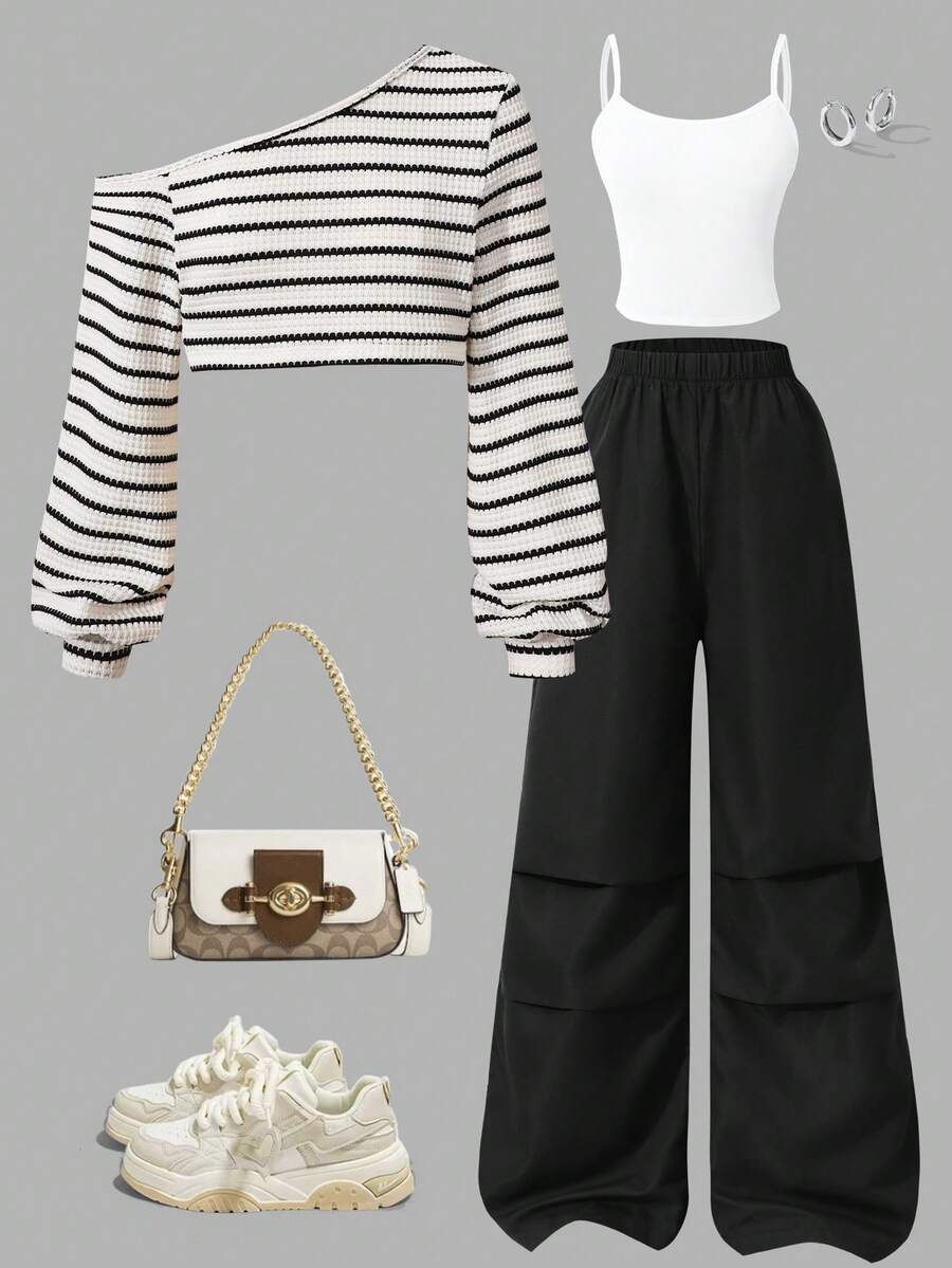 SHEIN 三件套休闲舒适针织吊带背心、吊带和阔腿裤套装，适合户外运动、休闲和日常穿着，斜肩设计，适合青少年。 - 黑與白 - 查看 1