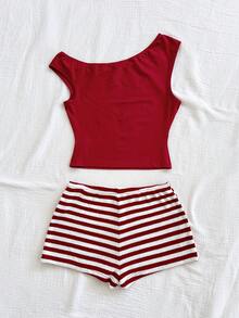 Soleia Bộ đồ nghỉ mát xuân/hè 2 món cho nữ: Áo crop top lệch vai dệt kim sọc đỏ trắng và quần short ôm sát cạp siêu thấp, thích hợp cho tiệc tùng, Giáng sinh, Ngày lễ tình nhân, hẹn hò, bãi biển, du thuyền, lễ hội hóa trang, lễ Phục sinh, Tết Nguyên đán - Màu Khaki - Xem 2