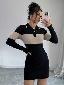 Rafferiza 女士秋冬撞色修身高领短款毛衣连衣裙，带纽扣 - 黑色 - 查看 1