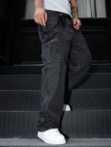 Manfinity EMRG 男士休闲水洗直筒工装牛仔裤 - 深灰色 - 查看 4