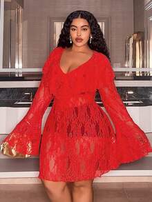 Slaydiva 秋冬新款优雅派对性感聚会生日派对约会朋友聚会毕业季婚礼季情人节性感修身纯红色连衣裙，荷叶边领口，深V领，长喇叭袖，A字裙摆，薄纱蕾丝面料，大码迷你连衣裙 - B - 紅色 - 查看 3