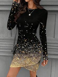 SHEIN LUNE Autumn Party Glitter Long Sleeve Ruched Waist Turtleneck Elegant Short Bodycon Dress, Autumn/Winter - Multicolor - View 8