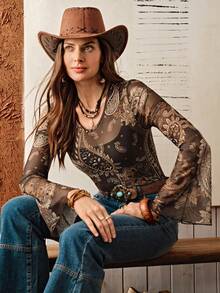 Wildy Women's Casual Country Paisley Retro Pattern Basic Long Sleeve Blouse With Bell Sleeves - Multicolor - View 5