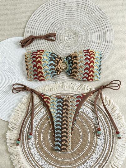 Swim Vcay Women's 2-Piece Beachwear Set, Colorful Hollow-Out Knit Fabric, Gold Starfish Decor, Strapless Crop Top With Tie Back, Beaded Drawstring Bikini Bottoms, Suitable For Swimming, Spring/Summer Colorful Bikini Set Seashell Bikini Sea Shell Bikini Tie Bikini Ladies Swimwear Set Vintage Swimsuits For Woman Boho Beach Set Boho Sets Boho Curve Western Boho Two Piece Beach Set Crochet Sets