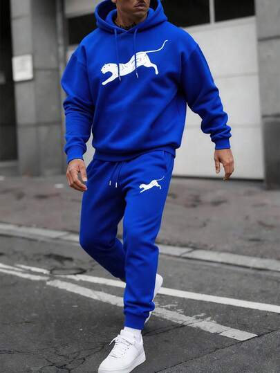 Fenqiro Men's Leopard Print Drawstring Hooded Sweatshirt And Sweatpants Casual 2 Pieces Set