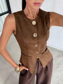 Lavishia 女士无袖马甲，配大号金属纽扣，休闲衬衫，咖啡色麂皮马甲衬衫，秋冬款 - 咖啡棕 - 查看 7